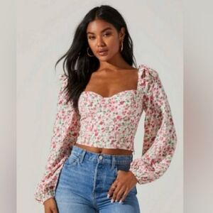 Astr The Label Pink and Green Floral Cropped Long Sleeve Blouse